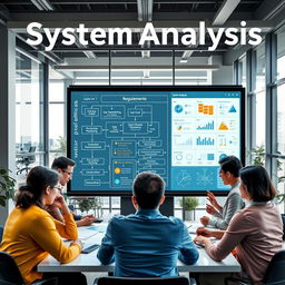 A visually engaging representation of system analysis in software development, featuring a diverse group of professionals collaborating around a large digital screen displaying flowcharts, diagrams, and data analytics