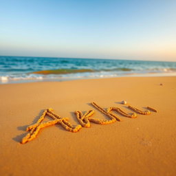 A picturesque scene of a serene sea beach, showcasing the name 'Akhi' beautifully written in the soft sand