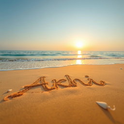 A picturesque scene of a serene sea beach, showcasing the name 'Akhi' beautifully written in the soft sand