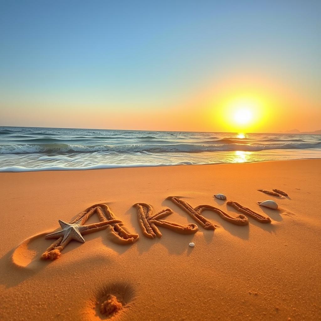 A picturesque scene of a serene sea beach, showcasing the name 'Akhi' beautifully written in the soft sand