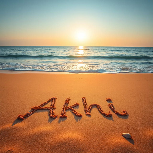 A picturesque scene of a serene sea beach, showcasing the name 'Akhi' beautifully written in the soft sand