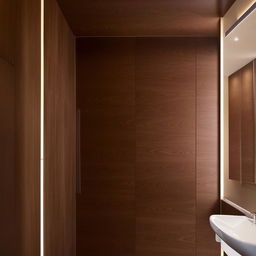 A stylish, modern bathroom enriched with chocolate brown wooden tile planks of precise 6x37 inches size, crafting an immersive sense of rich luxuriousness.