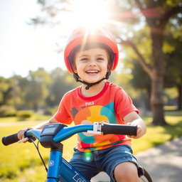 A young boy sitting on a bike, wearing a bright red helmet, with a big smile on his face