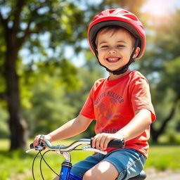 A young boy sitting on a bike, wearing a bright red helmet, with a big smile on his face