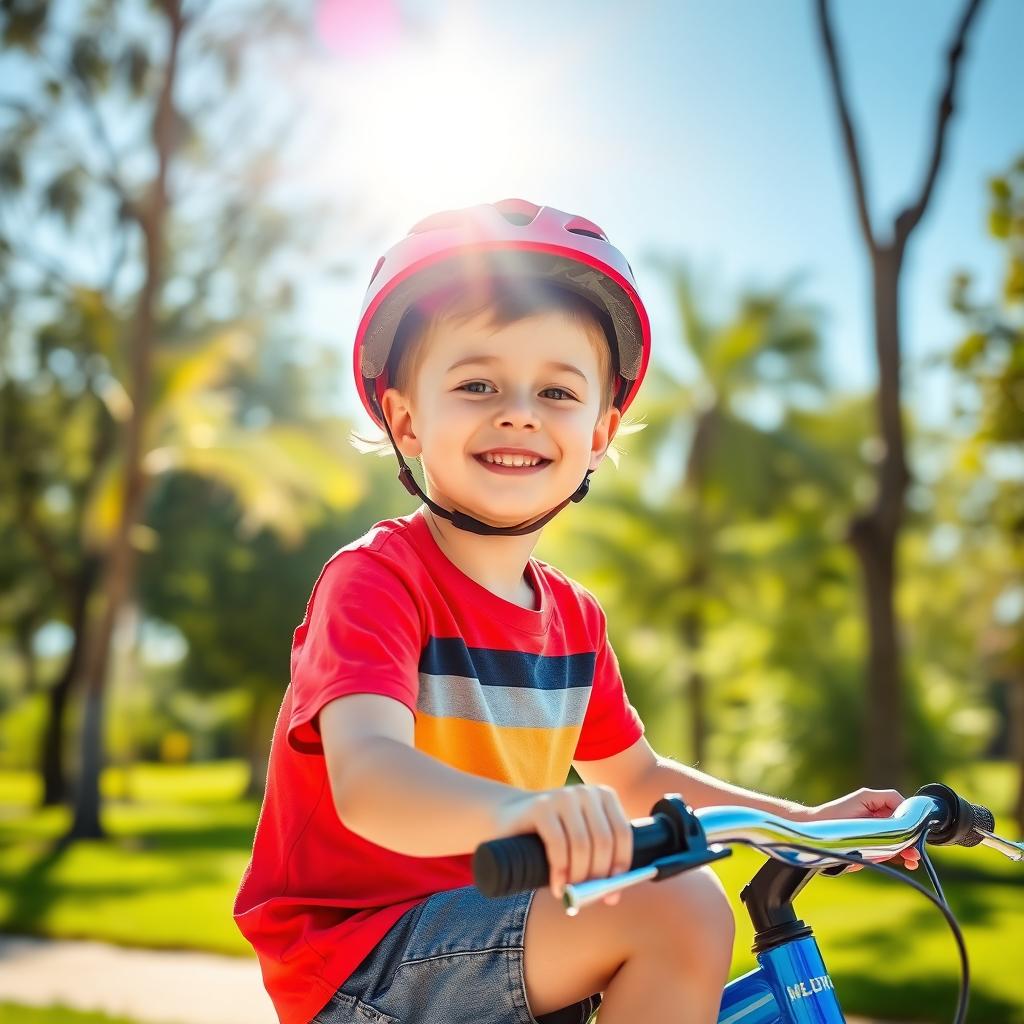 A young boy sitting on a bike, wearing a bright red helmet, with a big smile on his face