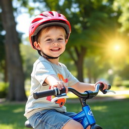 A young boy sitting on a bike, wearing a bright red helmet, with a big smile on his face