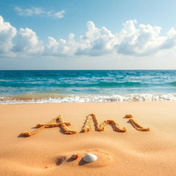 A tranquil scene of a sea beach, where the name 'Akhi' is elegantly written in the soft, golden sand