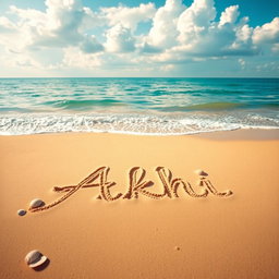 A tranquil scene of a sea beach, where the name 'Akhi' is elegantly written in the soft, golden sand
