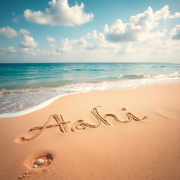 A tranquil scene of a sea beach, where the name 'Akhi' is elegantly written in the soft, golden sand
