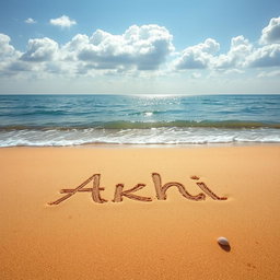 A tranquil scene of a sea beach, where the name 'Akhi' is elegantly written in the soft, golden sand