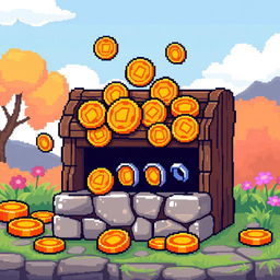 A pixel art representation of an amber coin counter, featuring distinct amber coins with rich golden and orange hues arranged in a playful, whimsical manner