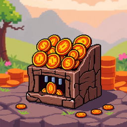 A pixel art representation of an amber coin counter, featuring distinct amber coins with rich golden and orange hues arranged in a playful, whimsical manner