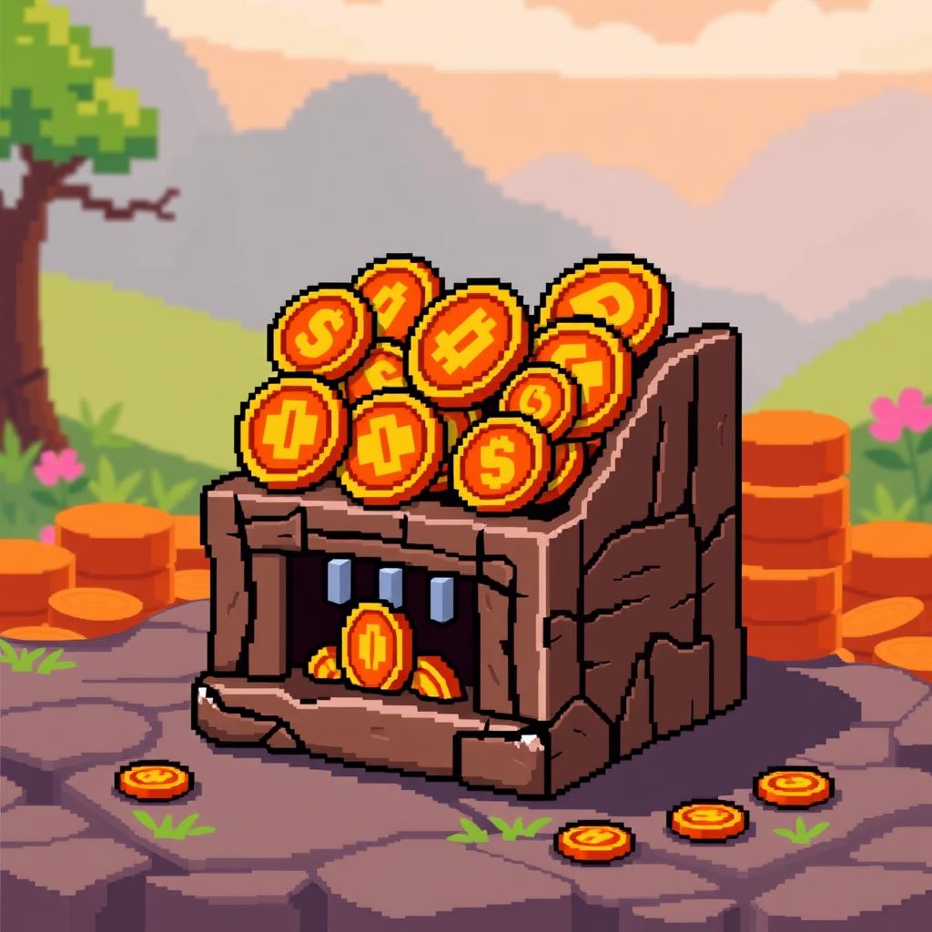 A pixel art representation of an amber coin counter, featuring distinct amber coins with rich golden and orange hues arranged in a playful, whimsical manner