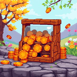 A pixel art representation of an amber coin counter, featuring distinct amber coins with rich golden and orange hues arranged in a playful, whimsical manner