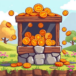 A pixel art representation of an amber coin counter, featuring distinct amber coins with rich golden and orange hues arranged in a playful, whimsical manner
