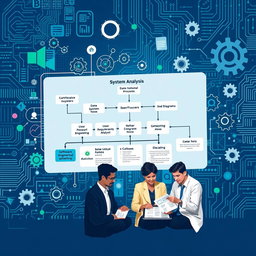 An abstract conceptual illustration depicting system analysis in software engineering