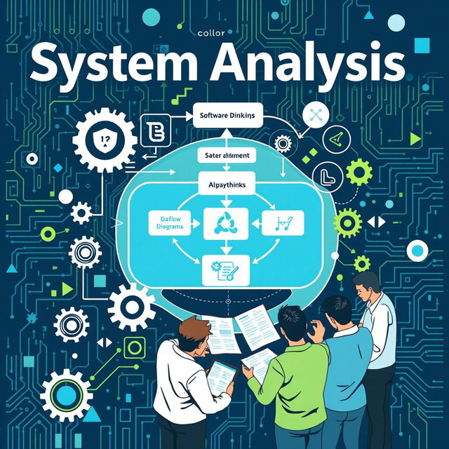 An abstract conceptual illustration depicting system analysis in software engineering