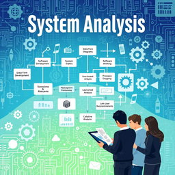 An abstract conceptual illustration depicting system analysis in software engineering