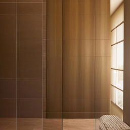 A stylish, modern bathroom enriched with chocolate brown wooden tile planks of precise 6x37 inches size, crafting an immersive sense of rich luxuriousness.