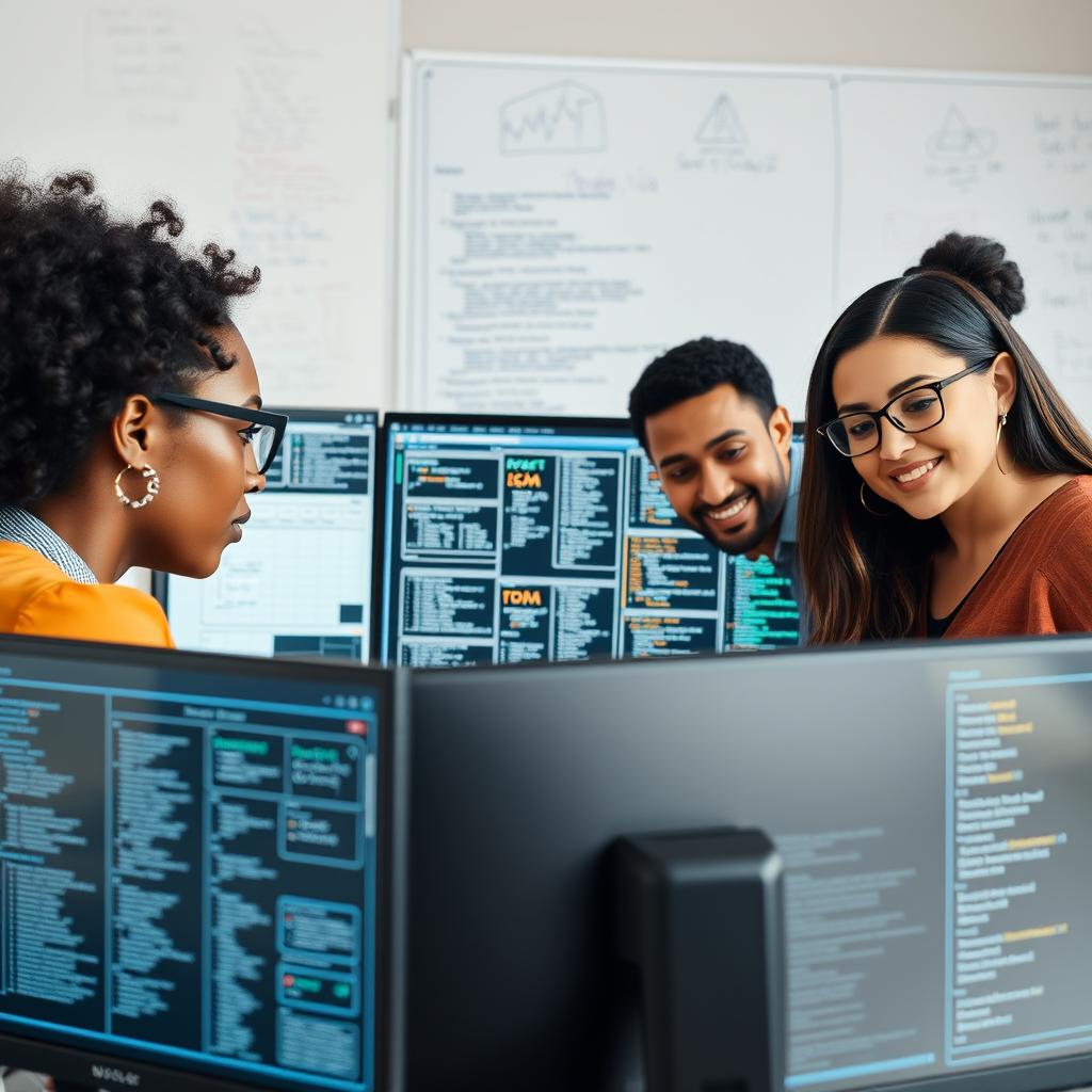 A detailed and engaging depiction of system analysis in software engineering, showcasing a diverse team of software engineers and analysts collaborating around a digital interface filled with flowcharts, diagrams, and code snippets