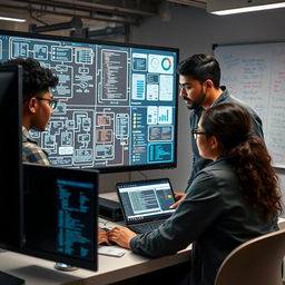 A detailed and engaging depiction of system analysis in software engineering, showcasing a diverse team of software engineers and analysts collaborating around a digital interface filled with flowcharts, diagrams, and code snippets