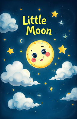 A whimsical storybook illustration of Little Moon, a cute moon character with big sparkling eyes and a cheerful smile