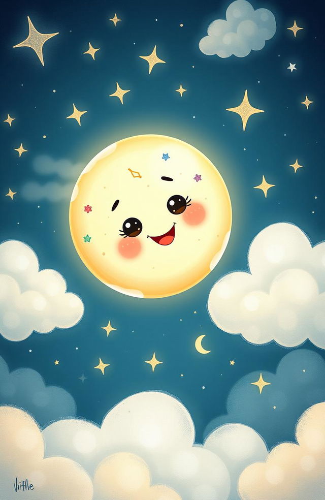 A whimsical storybook illustration of Little Moon, a cute moon character with big sparkling eyes and a cheerful smile
