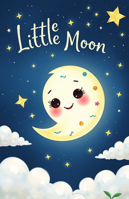 A whimsical storybook illustration of Little Moon, a cute moon character with big sparkling eyes and a cheerful smile