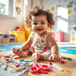 A playful scene featuring a baby girl with a joyful expression as she tries to give herself a haircut