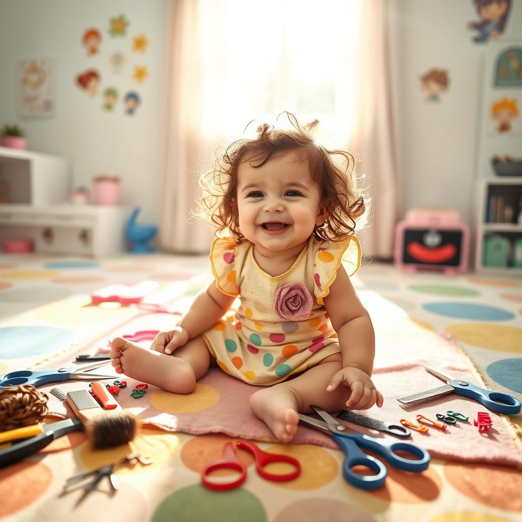 A playful scene featuring a baby girl with a joyful expression as she tries to give herself a haircut
