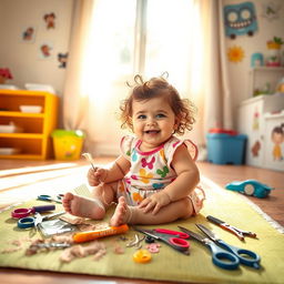 A playful scene featuring a baby girl with a joyful expression as she tries to give herself a haircut