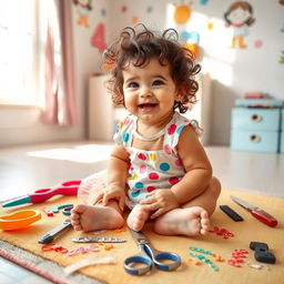 A playful scene featuring a baby girl with a joyful expression as she tries to give herself a haircut