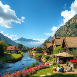 A serene landscape of a quaint village nestled in the foothills, featuring charming cottages with thatched roofs and colorful flower gardens in full bloom