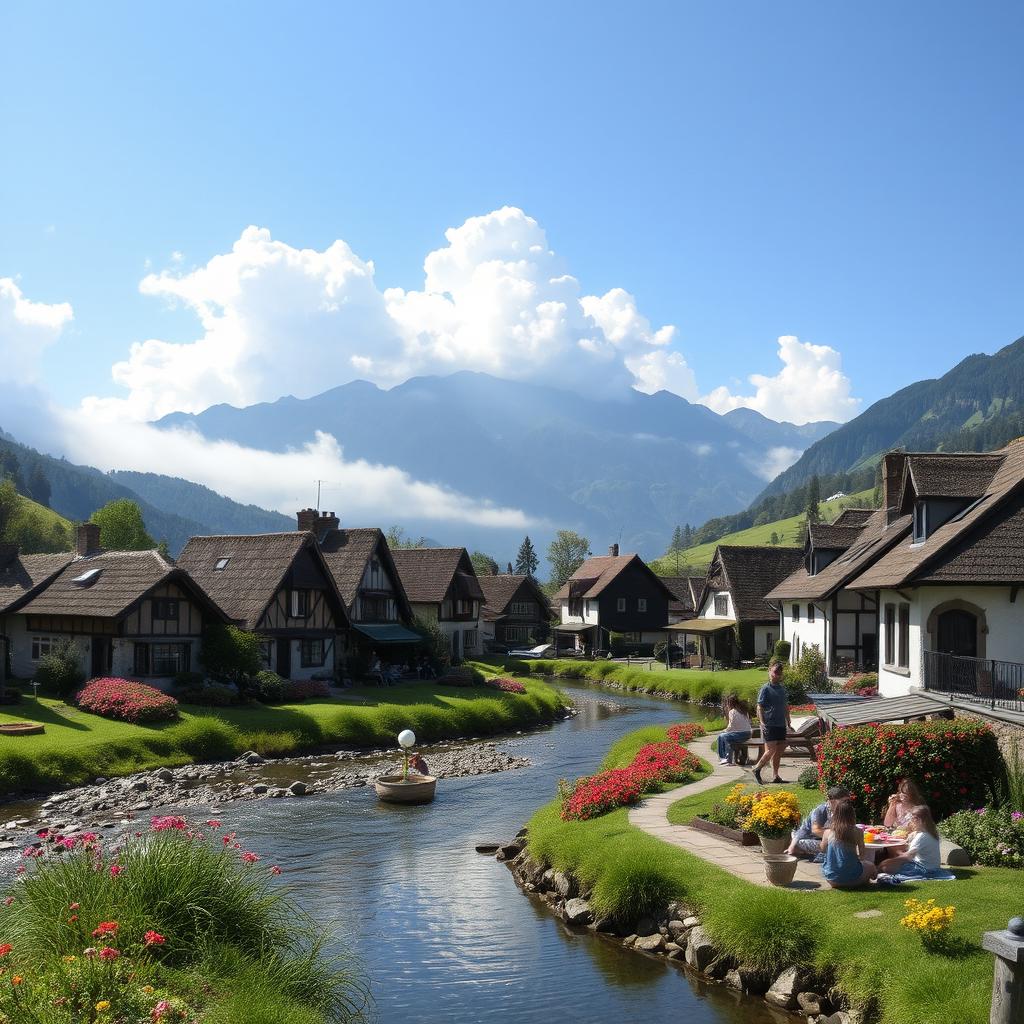 A serene landscape of a quaint village nestled in the foothills, featuring charming cottages with thatched roofs and colorful flower gardens in full bloom