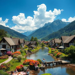A serene landscape of a quaint village nestled in the foothills, featuring charming cottages with thatched roofs and colorful flower gardens in full bloom