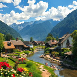 A serene landscape of a quaint village nestled in the foothills, featuring charming cottages with thatched roofs and colorful flower gardens in full bloom
