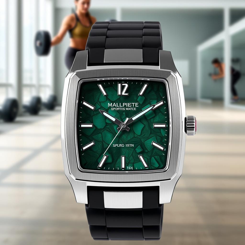 A stylish malachite sports watch with a square face, featuring an elegant green malachite dial with natural stone patterns, surrounded by a sleek silver or black stainless steel case