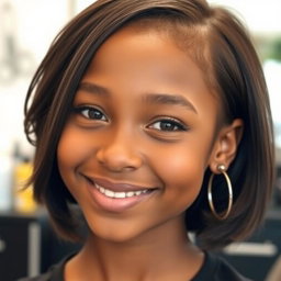 A close-up portrait of a brown-skinned girl at a salon, focusing solely on her face