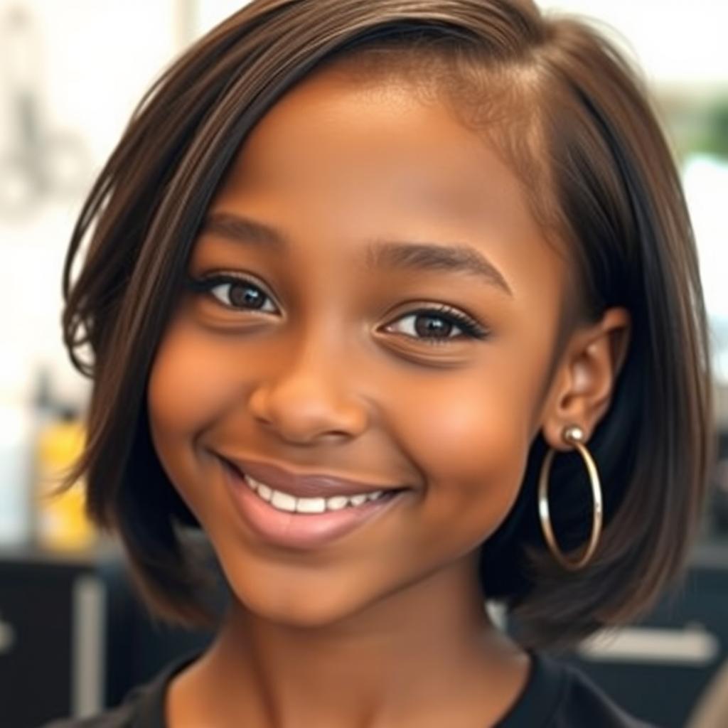 A close-up portrait of a brown-skinned girl at a salon, focusing solely on her face