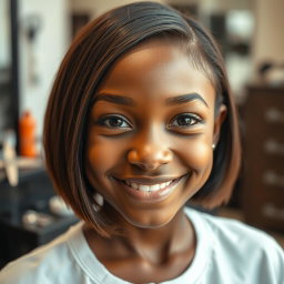A close-up portrait of a brown-skinned girl at a salon, focusing solely on her face