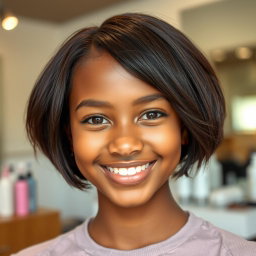 A close-up portrait of a brown-skinned girl at a salon, focusing solely on her face