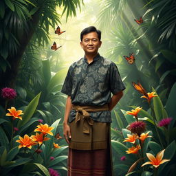 An Indonesian guardian depicted in traditional attire, standing proudly amidst a lush tropical forest