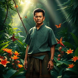 An Indonesian guardian depicted in traditional attire, standing proudly amidst a lush tropical forest
