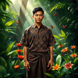 An Indonesian guardian depicted in traditional attire, standing proudly amidst a lush tropical forest