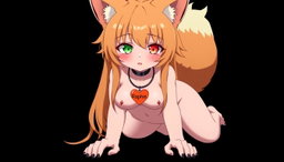 A sexy, fully naked gothic kitsune anime girl on her hands and knees, featuring a big bushy tail and long orange hair