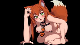 A sexy, fully naked gothic kitsune anime girl on her hands and knees, featuring a big bushy tail and long orange hair
