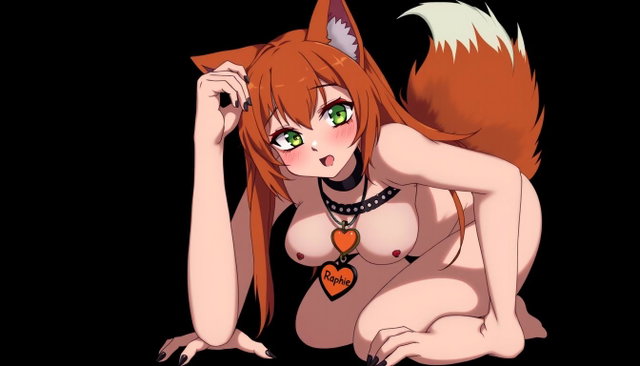 A sexy, fully naked gothic kitsune anime girl on her hands and knees, featuring a big bushy tail and long orange hair