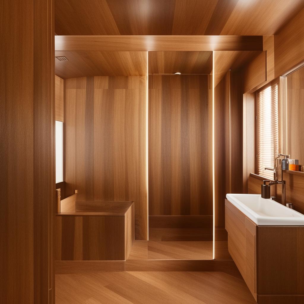 A stylish, modern bathroom enriched with chocolate brown wooden tile planks of precise 6x37 inches size, crafting an immersive sense of rich luxuriousness.