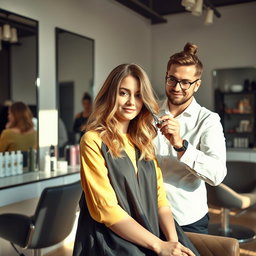 An artistically composed scene of a modern hair salon with a professional stylist giving a fashionable haircut to a stylish adult client