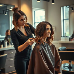 An artistically composed scene of a modern hair salon with a professional stylist giving a fashionable haircut to a stylish adult client